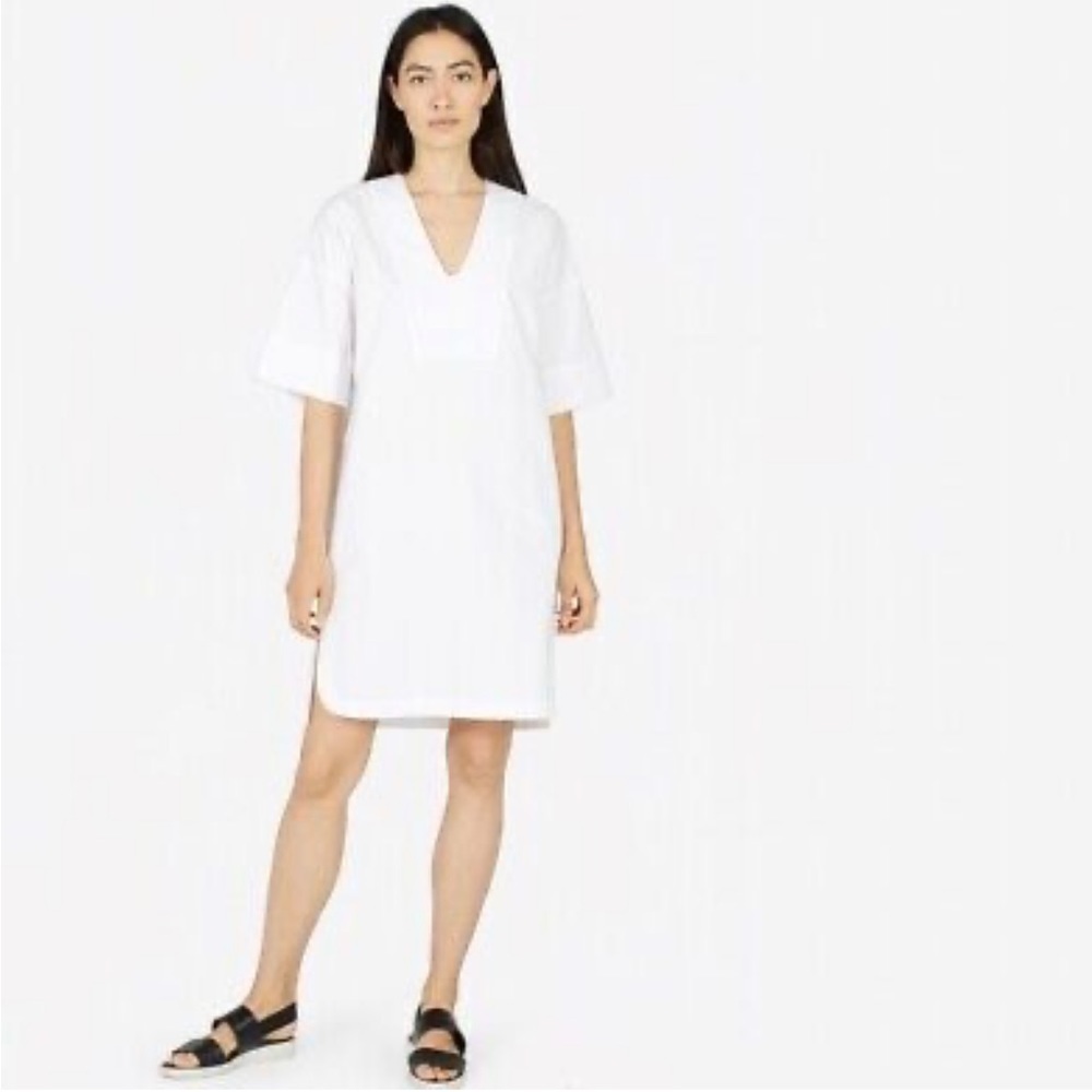 Everlane Women’s The Cotton Poplin Mid-Sleeve V-Neck White Dress